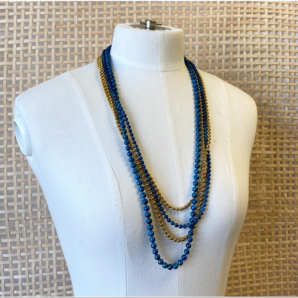 Vintage GEORGIOU Gold Blue Heavy Glass Bead Layered Necklace